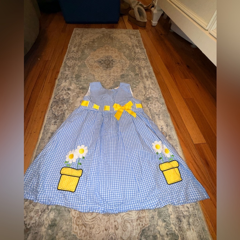 Blue Gingham Dress with Yellow Bow and Flower Pots